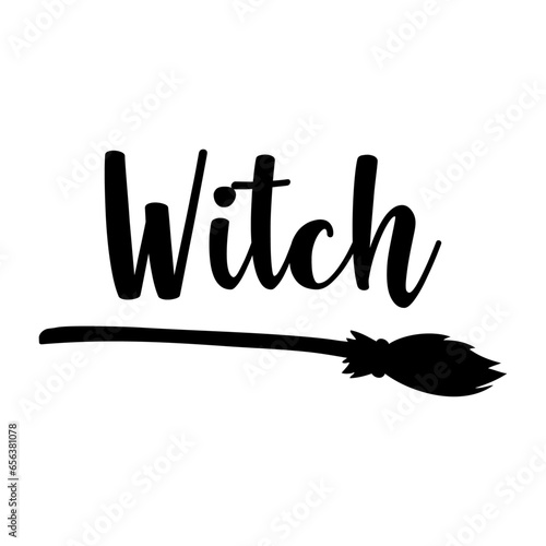 Logo con silueta de escoba de bruja con letras palabra manuscrita Witch para su uso en invitaciones y tarjetas de Halloween