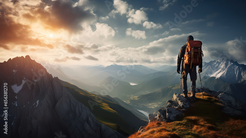 Hiker with backpack standing on top of a mountain at sunset.