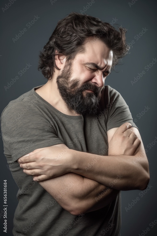 studio shot of a man holding his elbow in pain