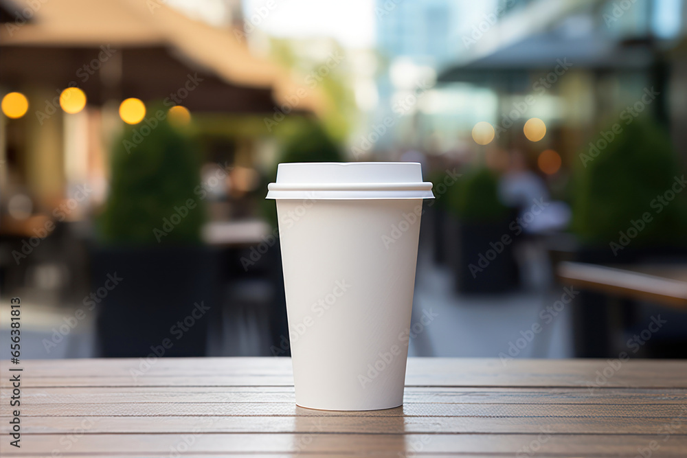 Paper cup of coffee on wooden table in cafe. Coffee break concept Paper cup of coffee on wooden table in cafe. Coffee break concept