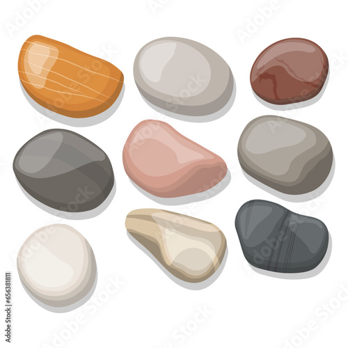 Vector illustration set of colorful pebbles in flat style. Small stones creative element in cartoon design. Beach, river, spa, garden smooth rocks. Modern calm and zen ilustration