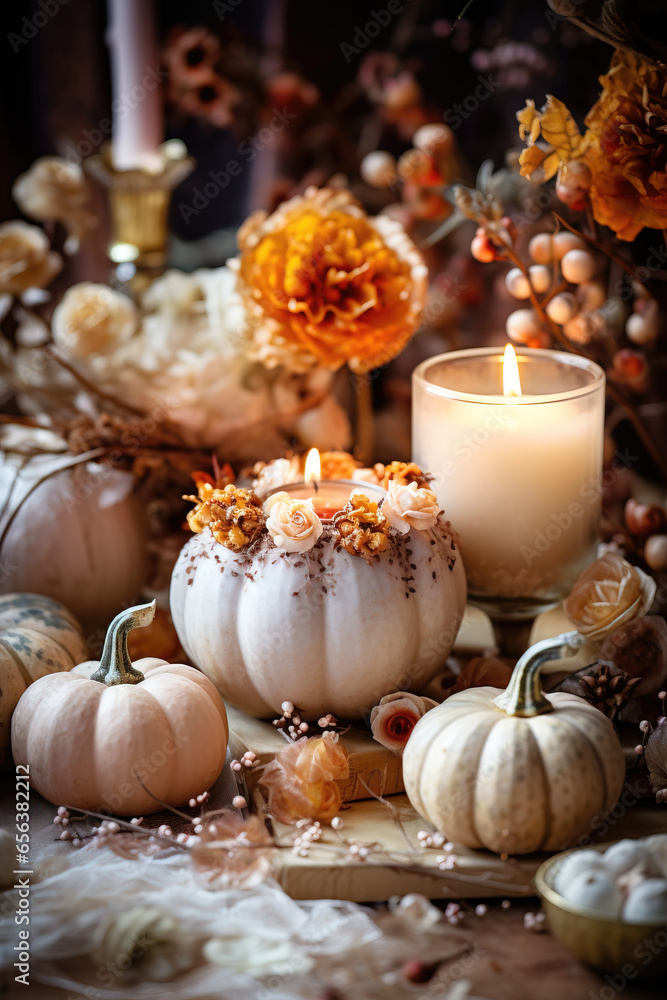 Autumn still life with candles, flowers and pumpkin decorations Autumn still life with candles, flowers and pumpkin decorations