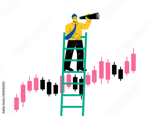 Business man looks from a stepladder through binoculars at a Forex chart. Flat vector illustration isolated on white background