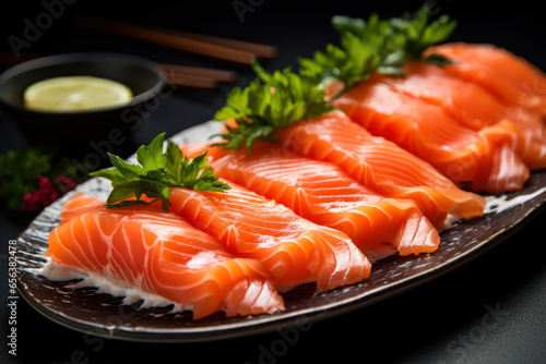 Salmon Sashimi - Japanese food style on black background.