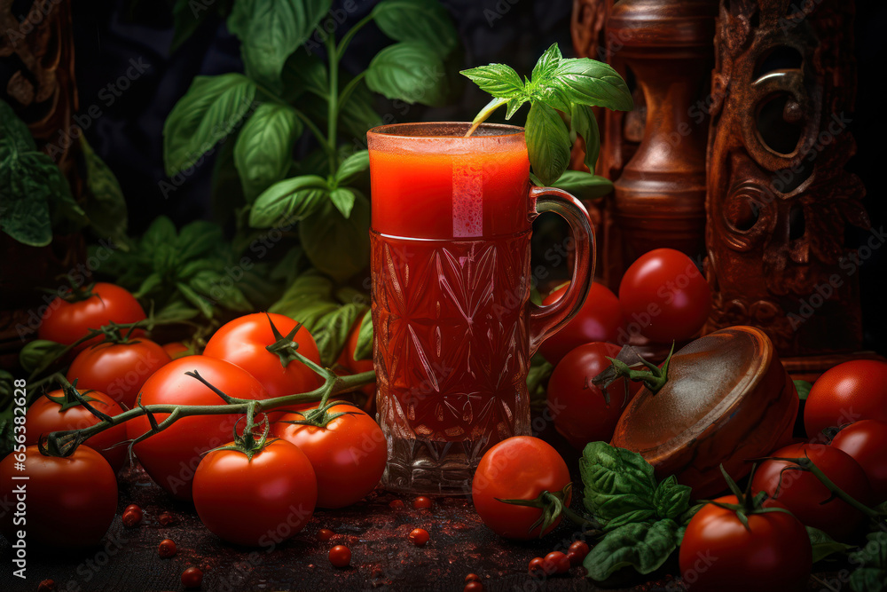 Tomato juice in a glass on a dark background. Selective focus. Tomato juice in a glass on a dark background. Selective focus.