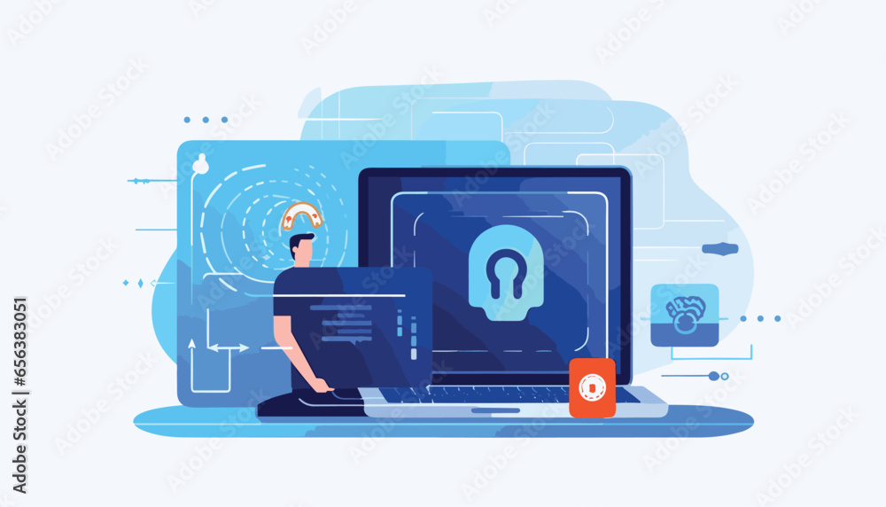Biometric authentication concept flat illustration, Data and account protection with fingerprint scanner, Personal data protection, Biometric lock concept for landing page, web banner Biometric authentication concept flat illustration, Data and account protection with fingerprint scanner, Personal data protection, Biometric lock concept for landing page, web banner