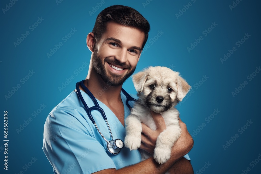 The concept of advertising a veterinary clinic. A happy young doctor in a medical uniform with a stethoscope holds a dog in his arms and looks into the camera. Isolated blue background. The concept of advertising a veterinary clinic. A happy young doctor in a medical uniform with a stethoscope holds a dog in his arms and looks into the camera. Isolated blue background.