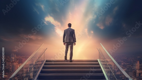 ambitions concept: determined businessman climbing stairs towards success and achievement