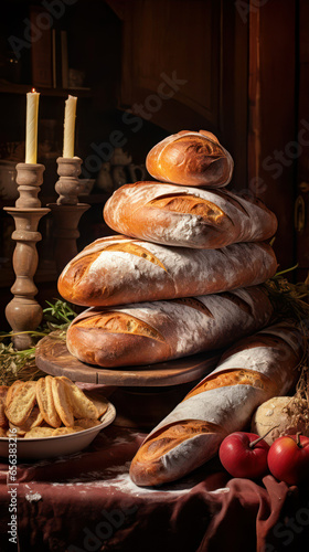 Freshly baked bread on a table in a rustic kitchen.