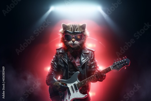 Cat rock star with guitar on stage, neon background. © Alexandr