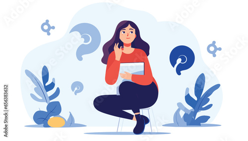 Female character having questions. Frequently asked questions concept flat illustration vector template  FAQ concept for landing page  mobile app  web banner  infographics