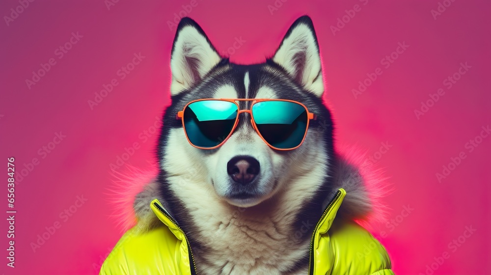 Siberian Husky looking front in human clothes wearing shades on a light gradient background. Siberian Husky looking front in human clothes wearing shades on a light gradient background.