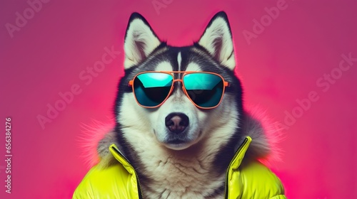 Siberian Husky looking front in human clothes wearing shades on a light gradient background. photo