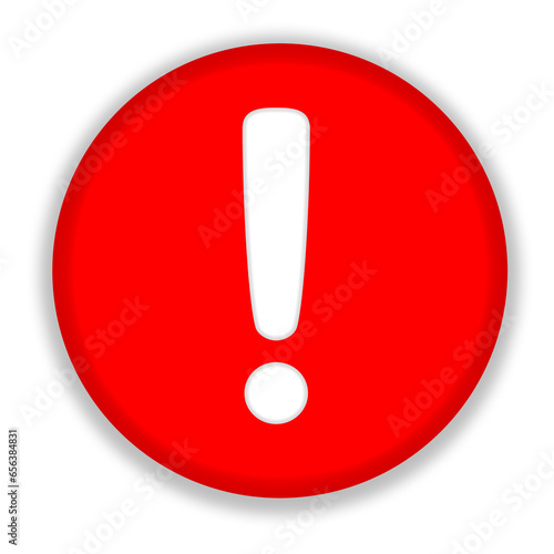 A red round volume button with an exclamation mark on a white background. A web design element.
