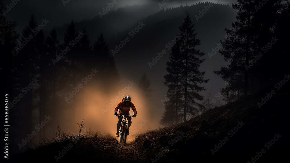 Fototapeta premium mountain bike in the night fog in the mountain forest extreme sports background in the rays of light