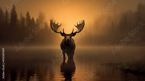 silhouette of a moose with big horns in autumn fog  wildlife landscape