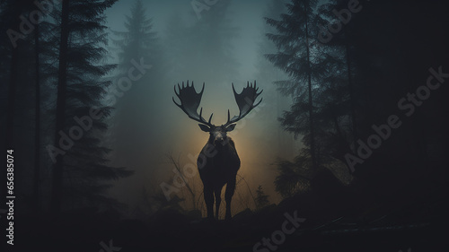 silhouette of a moose with big horns in autumn fog  wildlife landscape