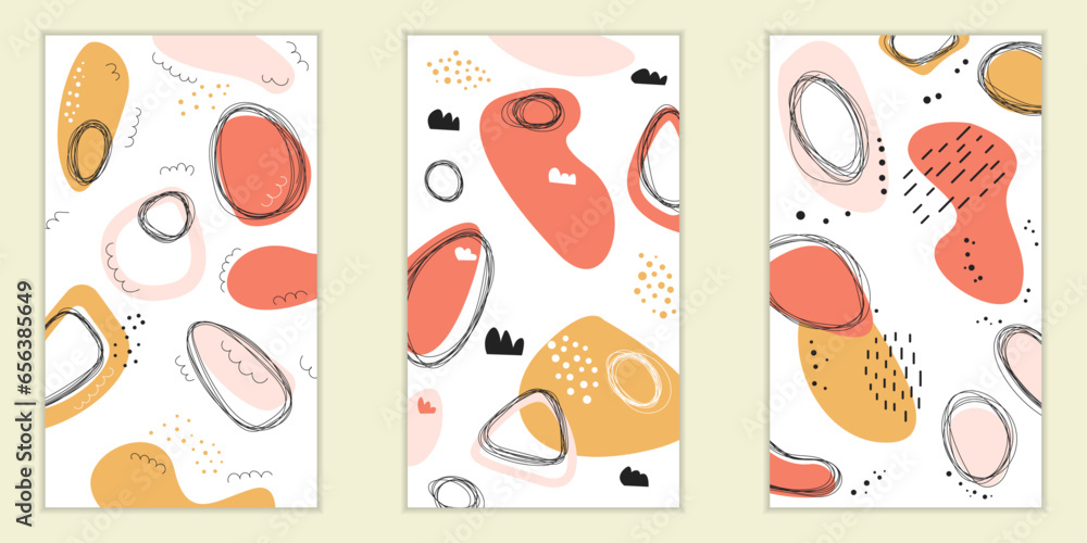 Set of abstract backgrounds. Hand-drawn scandinavian abstractions, patterns with textures, collage shapes.