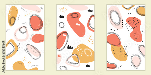 Set of abstract backgrounds. Hand-drawn scandinavian abstractions, patterns with textures, collage shapes.