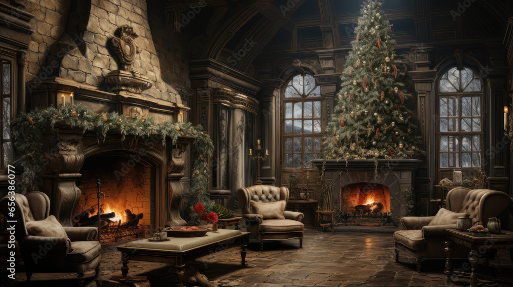 Festive Christmas Postcard with Tree, Presents, and Decorations, Generative AI Festive Christmas Postcard with Tree, Presents, and Decorations, Generative AI