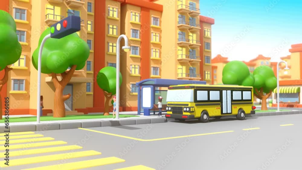 People waiting at bus stop in urban city. 3D bus stopped at traffic ...