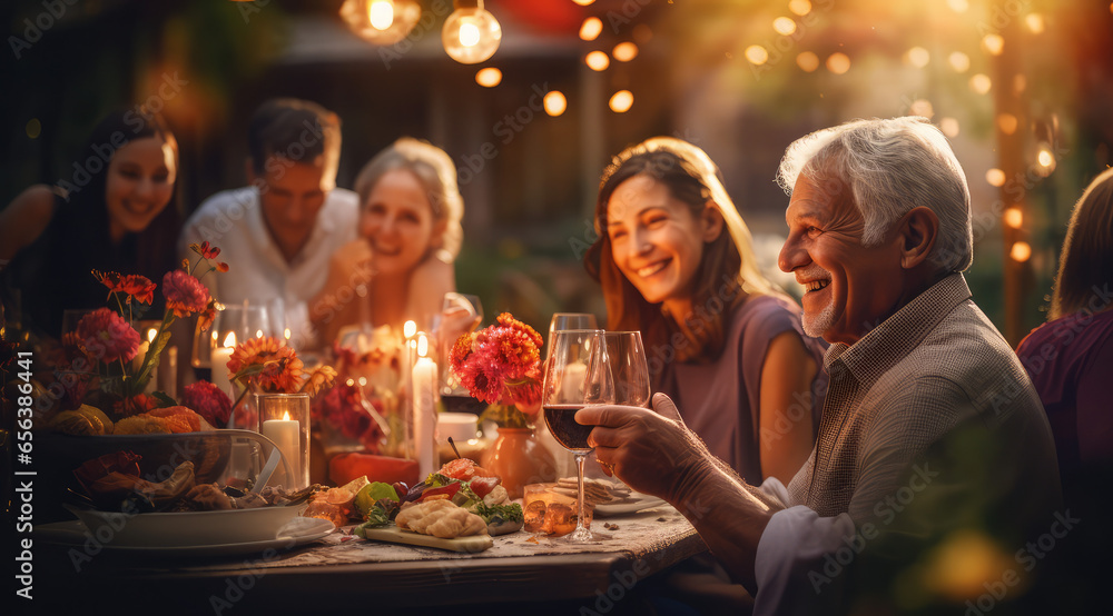 elder man holding food and his family at table outdoors in evening