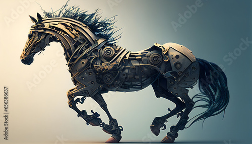 Creative illustration mechanical horse. Generative Ai.