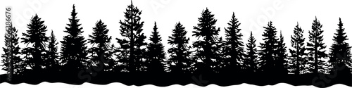 A horizontal set of coniferous spruce fir trees silhouettes, displayed on a transparent background. Generative AI 