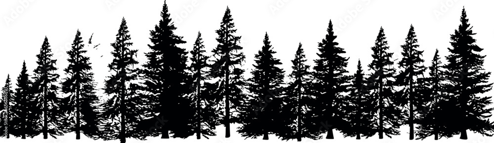 Obraz premium A set of horizontal silhouettes featuring coniferous spruce trees against a transparent background. Perfect for a scenic fir tree landscape. Generative AI