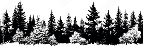Set of horizontal silhouettes of coniferous spruce trees, creating a serene depiction of fir trees against a transparent background. Generative AI 