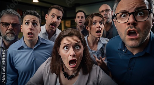 Office workers intensely shocked by what they see in front of them photo