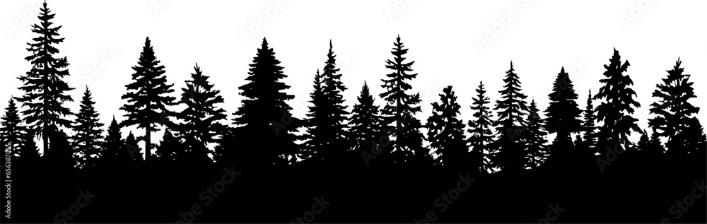 Fir trees silhouettes set in a horizontal arrangement. Coniferous spruce trees on a transparent background. Generative AI 