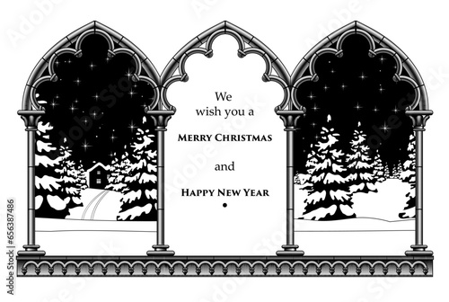 Merry Christmas and Happy New Year greeting card. Classic gothic frame against the backdrop of a night winter forest. Vintage engraving of stylized design. Vector illustration