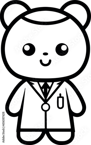 A black and white teddy bear, dressed as a doctor, holds a medicine bottle, serving as a cute and lovable mascot. Generative AI  photo