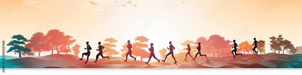 marathon, runners running in nature drawing flat graphics background minimalism