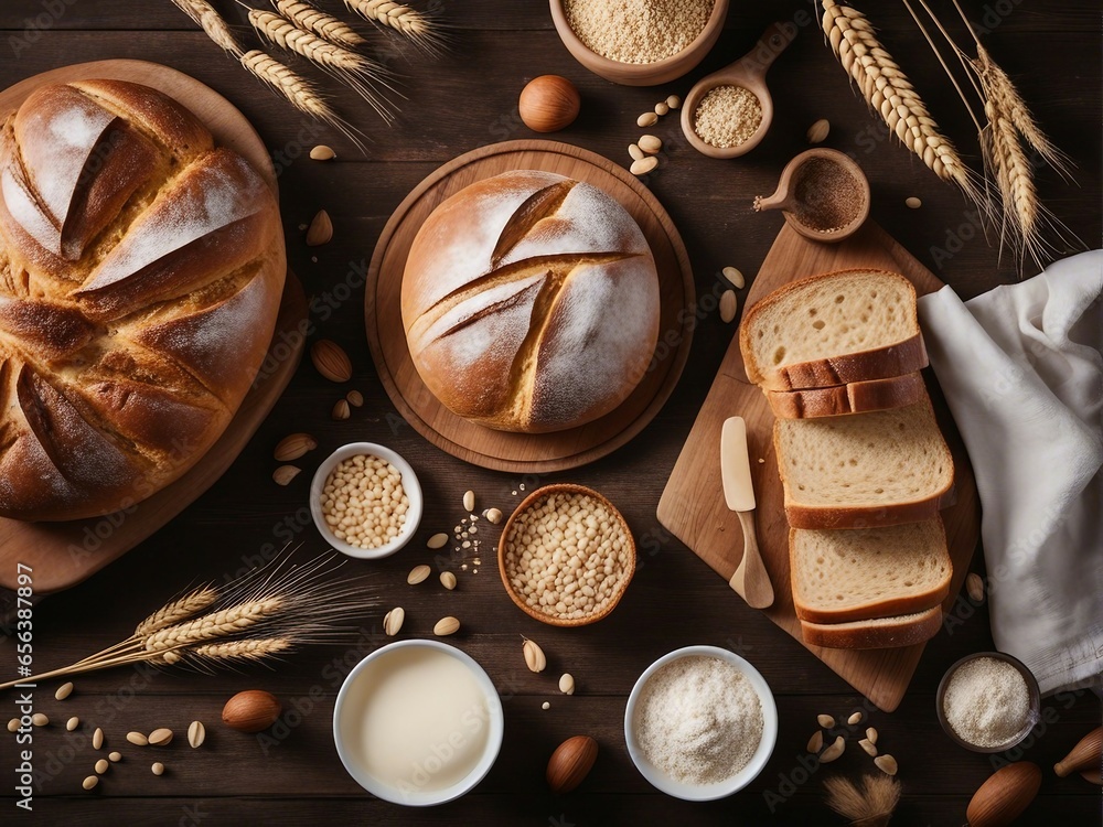 homemade sourdough bread with ingredients, above view homemade sourdough bread with ingredients, above view