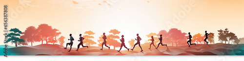 marathon  runners running in nature drawing flat graphics background minimalism