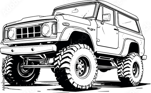 Hand-drawn black and white vector art of an off-road car, showcasing its ruggedness and versatile charm. Generative AI 