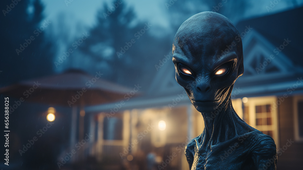portrait of an alien with big eyes on a foggy blurry background futuristic science person portrait of an alien with big eyes on a foggy blurry background futuristic science person
