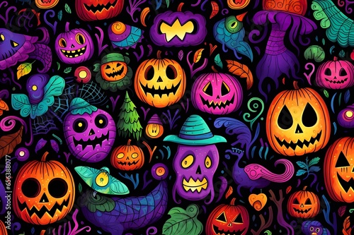 Halloween skulls, pumpkin and other halloween objects seamless pattern with vibrant colors