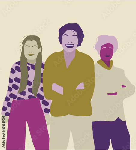 three generations of women. Three women in different age groups standing together. Vector illustration. Strong women in autumn colors. young woman, middelaged woman and old woman. Three generations.