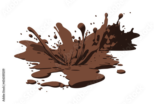 Brown puddle of dirty water or mud with splashes and drops. Vector isolated on white. Splash of liquid chocolate. Muddy puddle on the ground. Dirty plash. Grunge. Design element. Cartoon