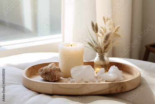 Wooden Tray Spa with Incense and Crystals