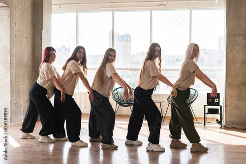 Canvas-taulu female dancers crew doing synchrone moves in the dance studio
