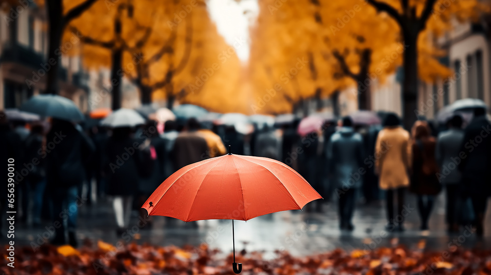 the flow of people with umbrellas on a pedestrian street autumn weather in the city