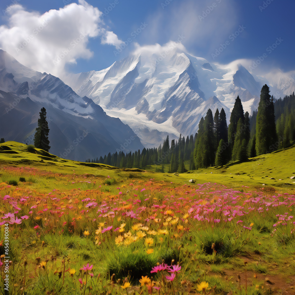 Fairy Meadows, a lush meadow at the base of Nanga Parbat - Landscape Wallpaper - Generated by AI Fairy Meadows, a lush meadow at the base of Nanga Parbat - Landscape Wallpaper - Generated by AI