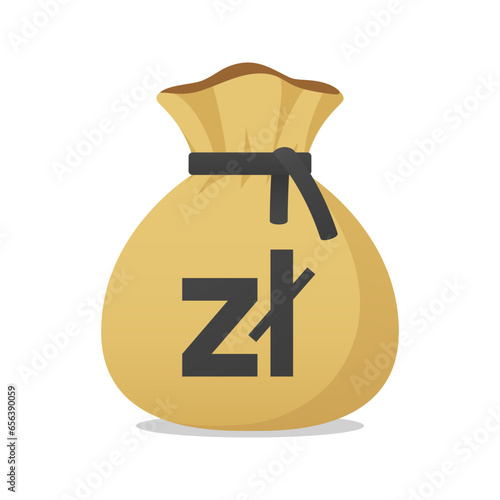 Moneybag with polish zloty symbol. Cash money, currency, business and financial item. Flat vector moneybag sign.