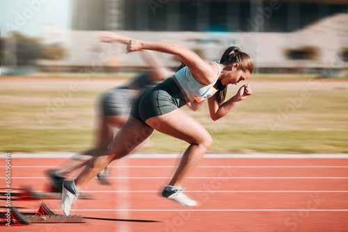 Action, speed and women athlete running sprint in competition for fitness game and training for energy wellness on a track. Sports, stadium and athletic people or runner exercise, speed and workout