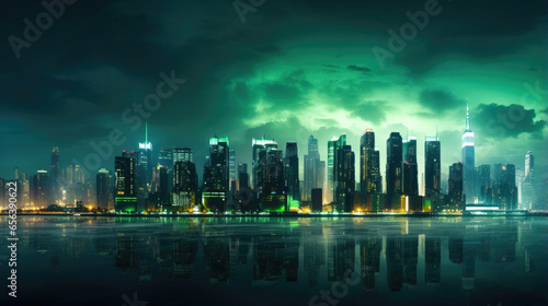 A Modern City with Skyscrapers and a Green Aurora Borealis