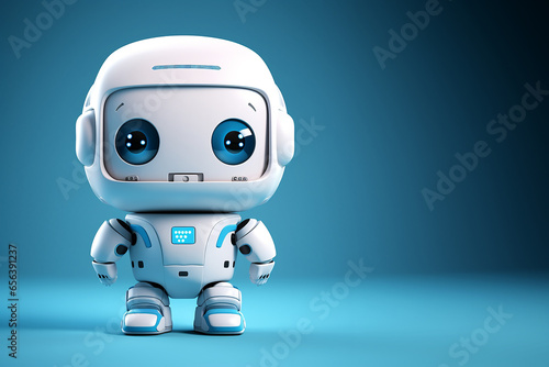 White robot, with blue eyes, picture from front,with navy blue background © Valentin